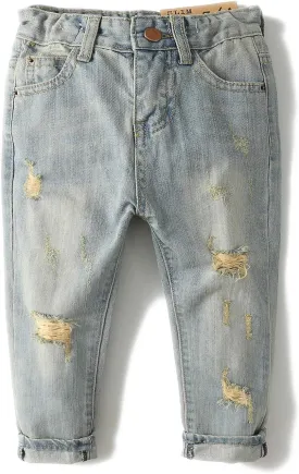 KIDSCOOL SPACE Baby Girl Boy Jeans,Elastic Band Inside with D-Rings Ripped Denim Pants