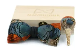Los Angeles Feather Bow Tie & Lapel Pin Set - Handmade Wooden Wedding Accessories