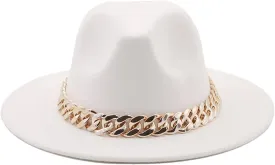 Men's Classic Panama Jazz Hat Wide Brim Fedora Hats for Women Men Vintage Fedoras Cap with Golden Chain