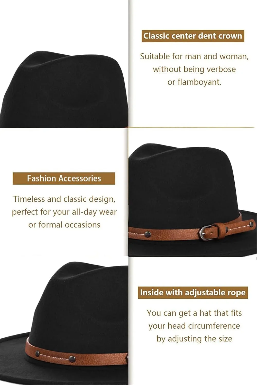 Mens Wide Brim Big Wool Fedora Hat for Women with Leather Gentleman Elegant Lady Jazz Church Panama Hat