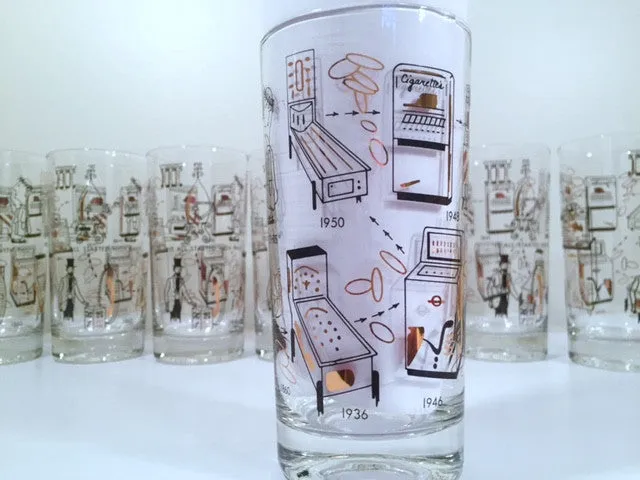 Mid-Century Rare Black & 22-Karat Gold Coin Operation/Vending Machine Vintage Glasses (Set of 8 Glasses)