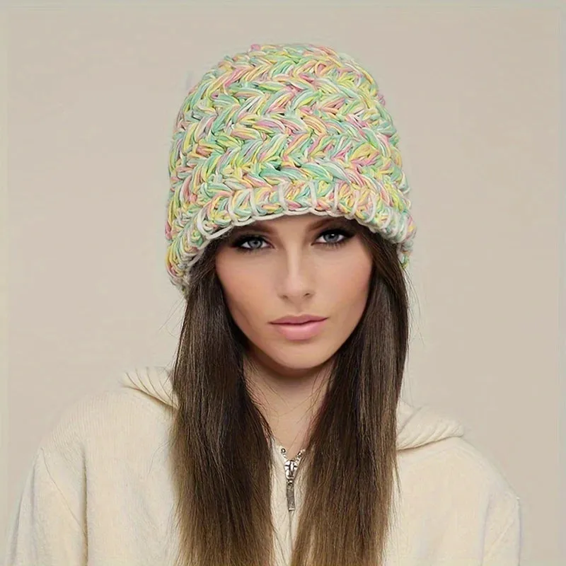 Mixed Color Coarse Yarn Knitted Fisherman Small Face Hat