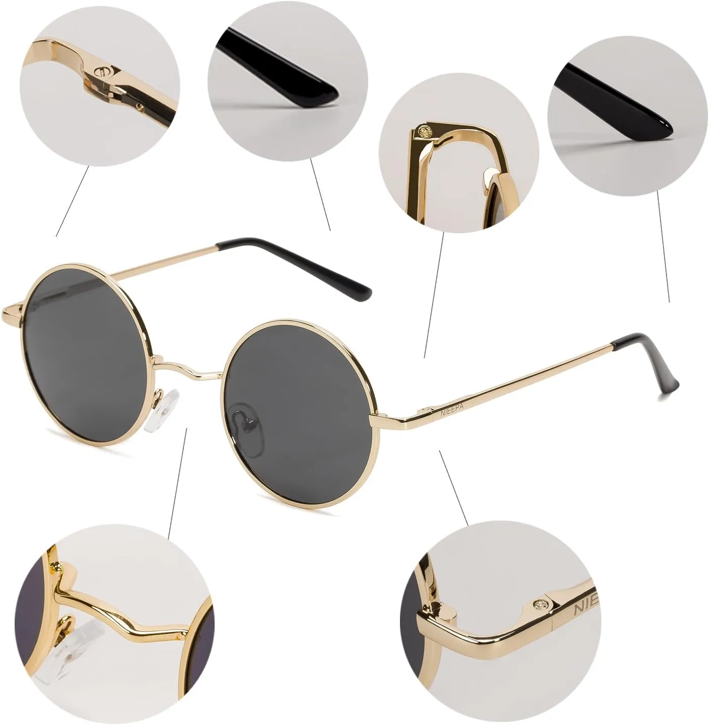 NIEEPA Vintage Small Round Polarized Hippie Sunglasses for Men Women Circle Sun Glasses NP1002