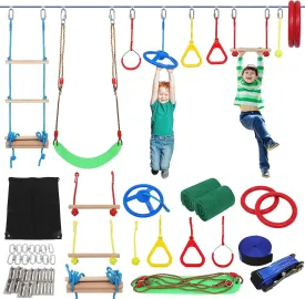 Ninja Warrior Kids Obstacle Course, 65 FT Durable Slackline with 7 Obstacles-Swings, Monkey Bars, Arm Trainers and More, Weatherproof Outdoor Obstacle Course for Backyard, Gym, Field