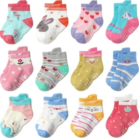 Non Slip Grip Ankle Baby Socks 12 Pack for Toddler Boys and Girls Kids,Infant Cute Cotton Baby Socks