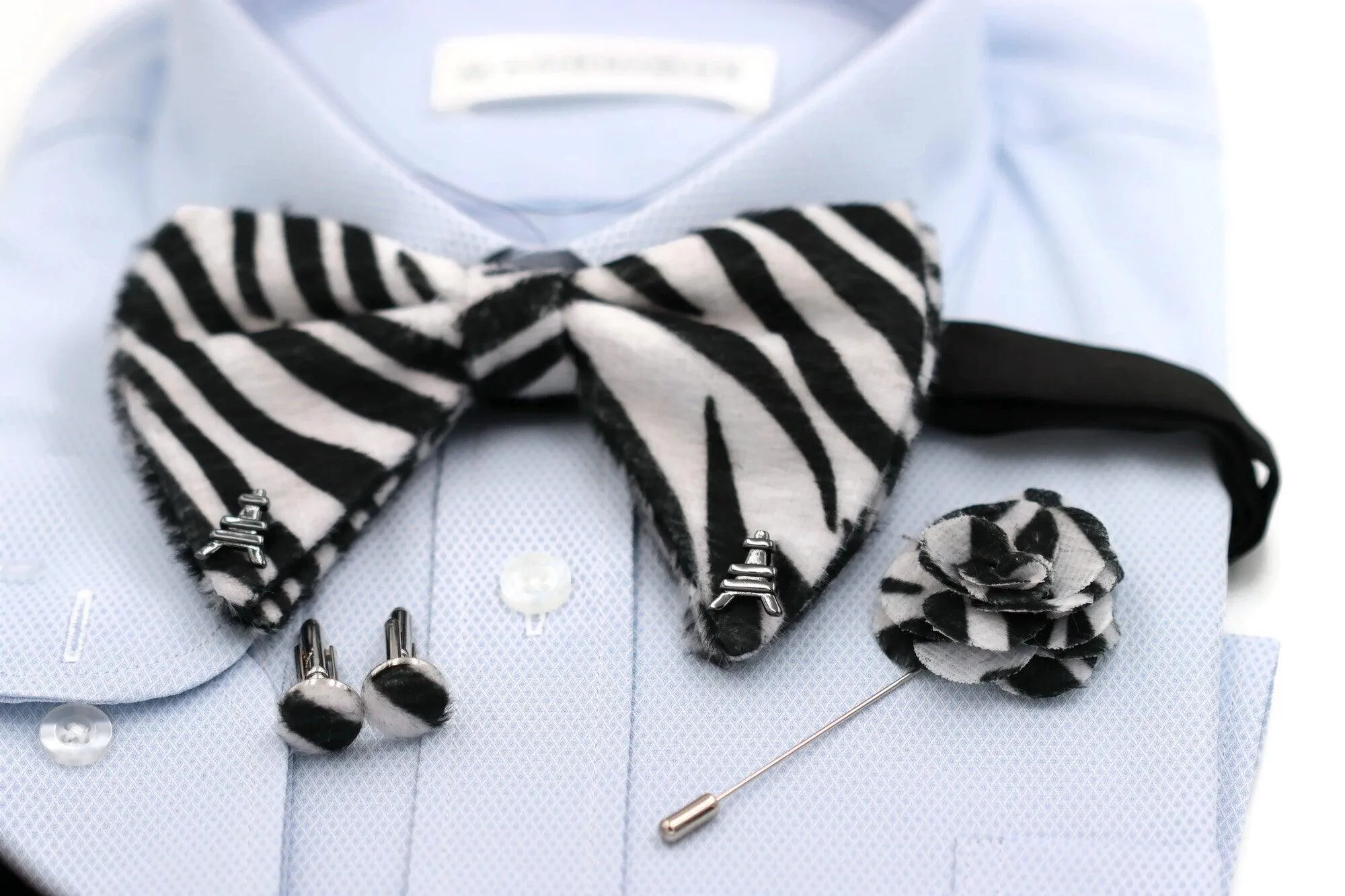 Paris black and white Zebra Print Velvet Oversized bow tie lapel flower pin cufflinks set
