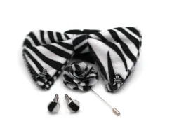 Paris black and white Zebra Print Velvet Oversized bow tie lapel flower pin cufflinks set
