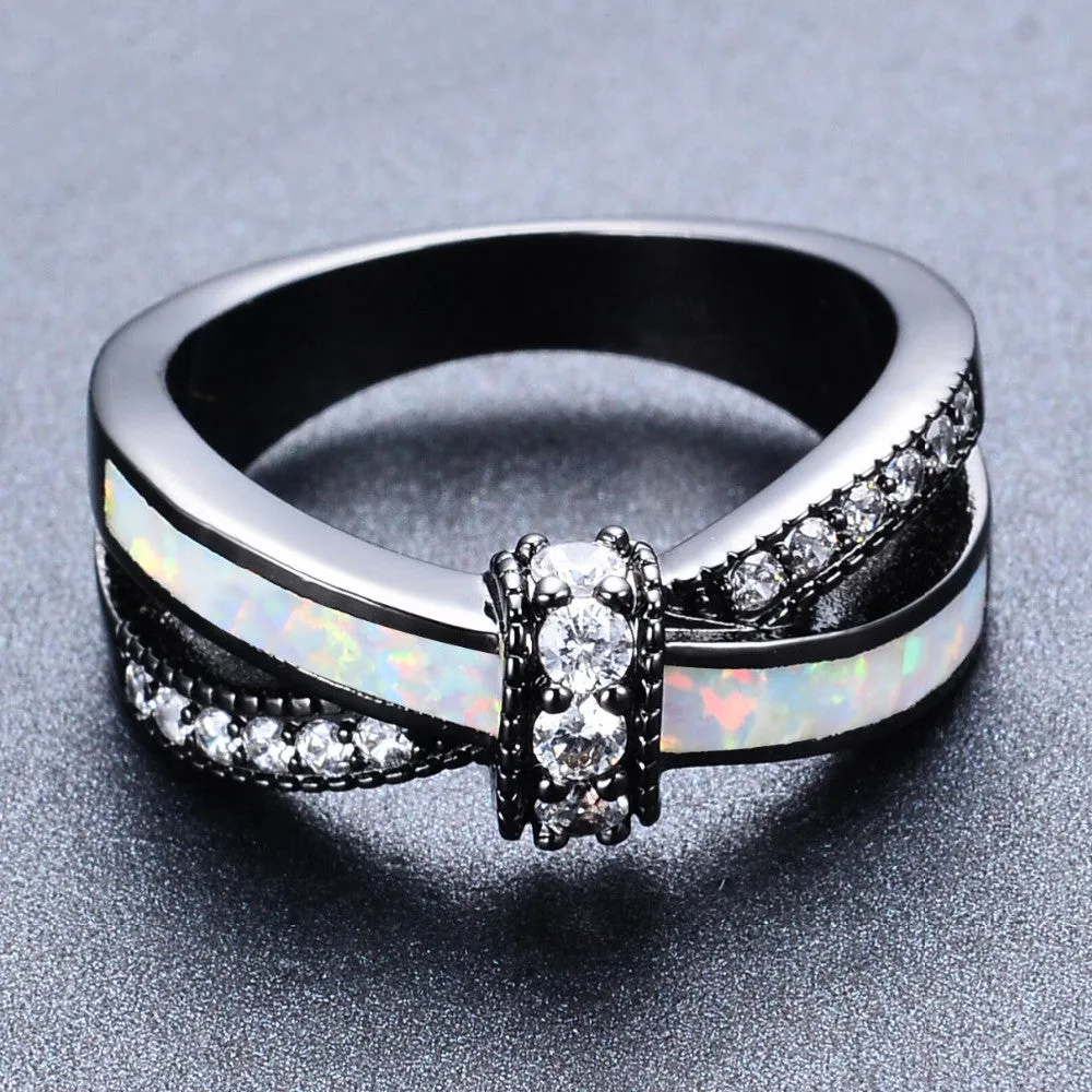 Rainbow Fire Opal Rings For Women Lady Black Gold Filled Wedding Party Engagement Love Ring Anel Valentine's Day