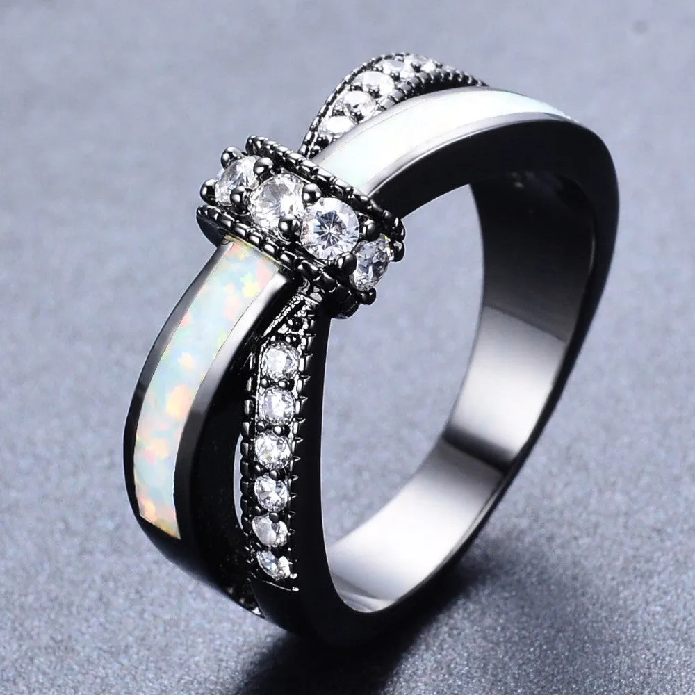 Rainbow Fire Opal Rings For Women Lady Black Gold Filled Wedding Party Engagement Love Ring Anel Valentine's Day