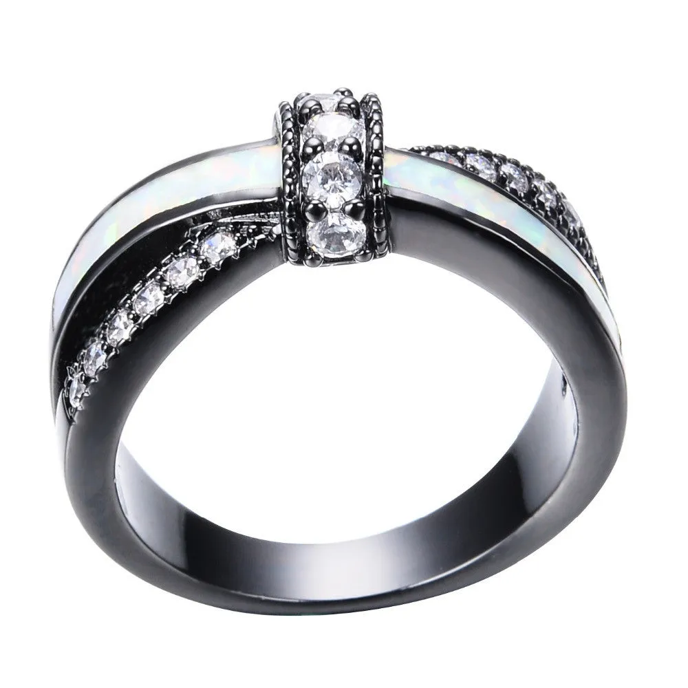 Rainbow Fire Opal Rings For Women Lady Black Gold Filled Wedding Party Engagement Love Ring Anel Valentine's Day