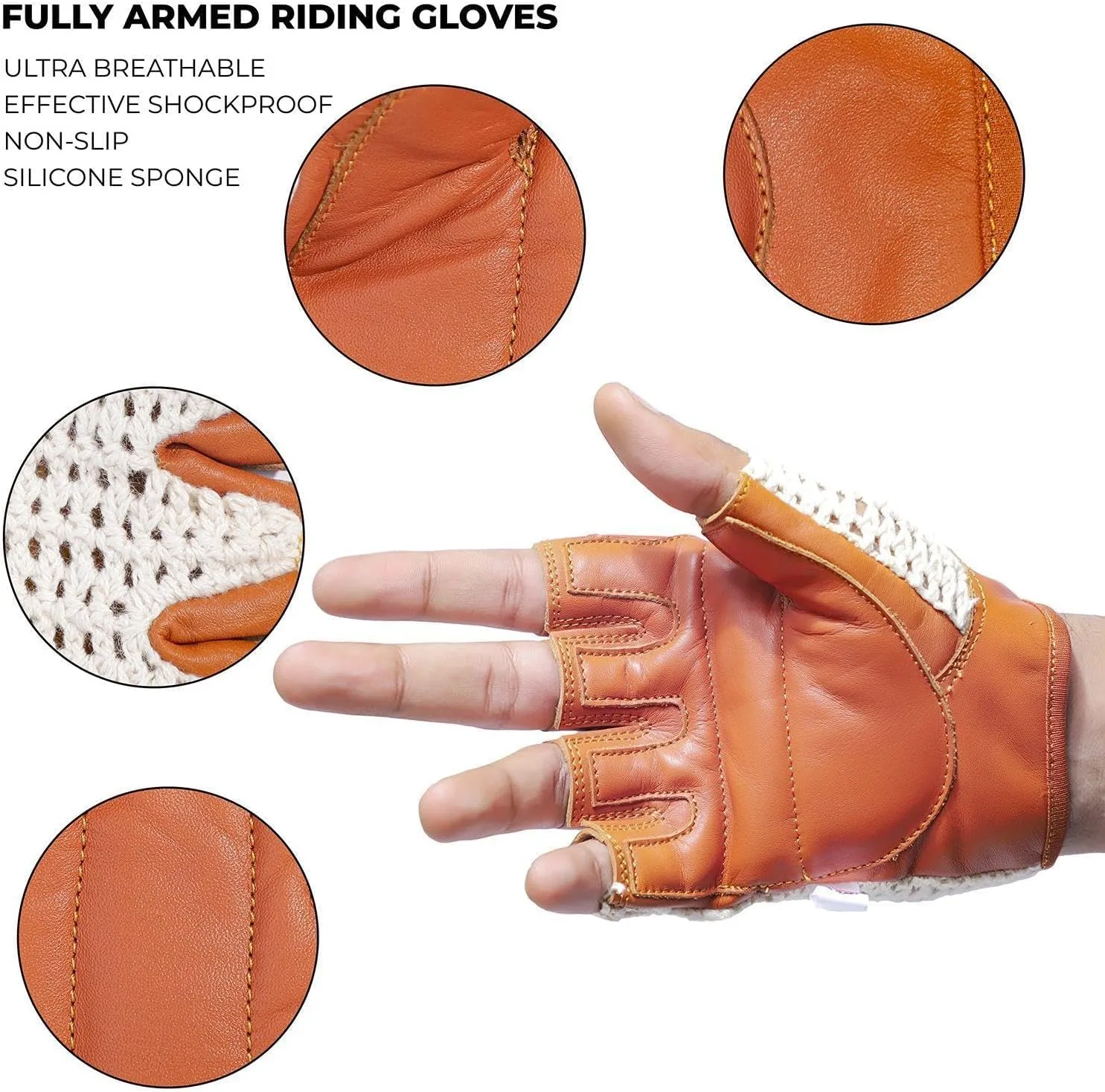 Real Soft Leather Crochet Net Fingerless Driving Weight Training Cycling Wheelchair Gloves W-1037