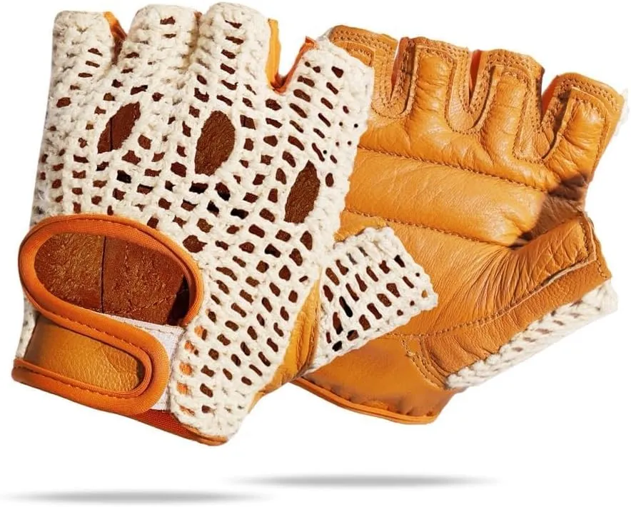 Real Soft Leather Crochet Net Fingerless Driving Weight Training Cycling Wheelchair Gloves W-1037
