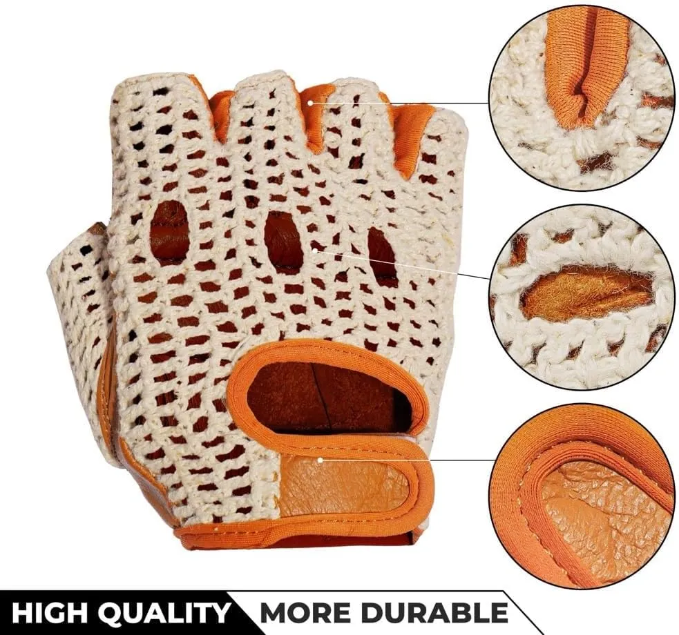 Real Soft Leather Crochet Net Fingerless Driving Weight Training Cycling Wheelchair Gloves W-1037