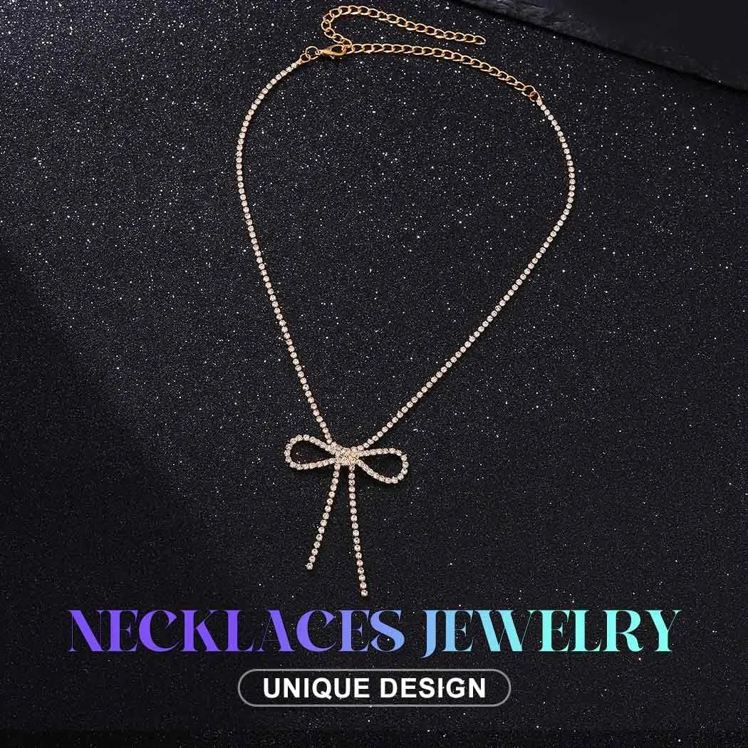 Rhinestone Bow Pendant Necklace Jewelry Silver Crystal Bowknot Choker Necklace Chain Dainty Tennis for Women