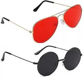Round, Aviator Sunglasses (For Men & Women, Red, Black)