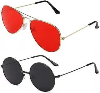 Round, Aviator Sunglasses (For Men & Women, Red, Black)