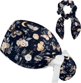 Scrub Caps Women, Adjustable Surgical Caps with Ponytail Pouch Working Cap Hair Scrunchy, Floral Vintage Butterfly Wildflower