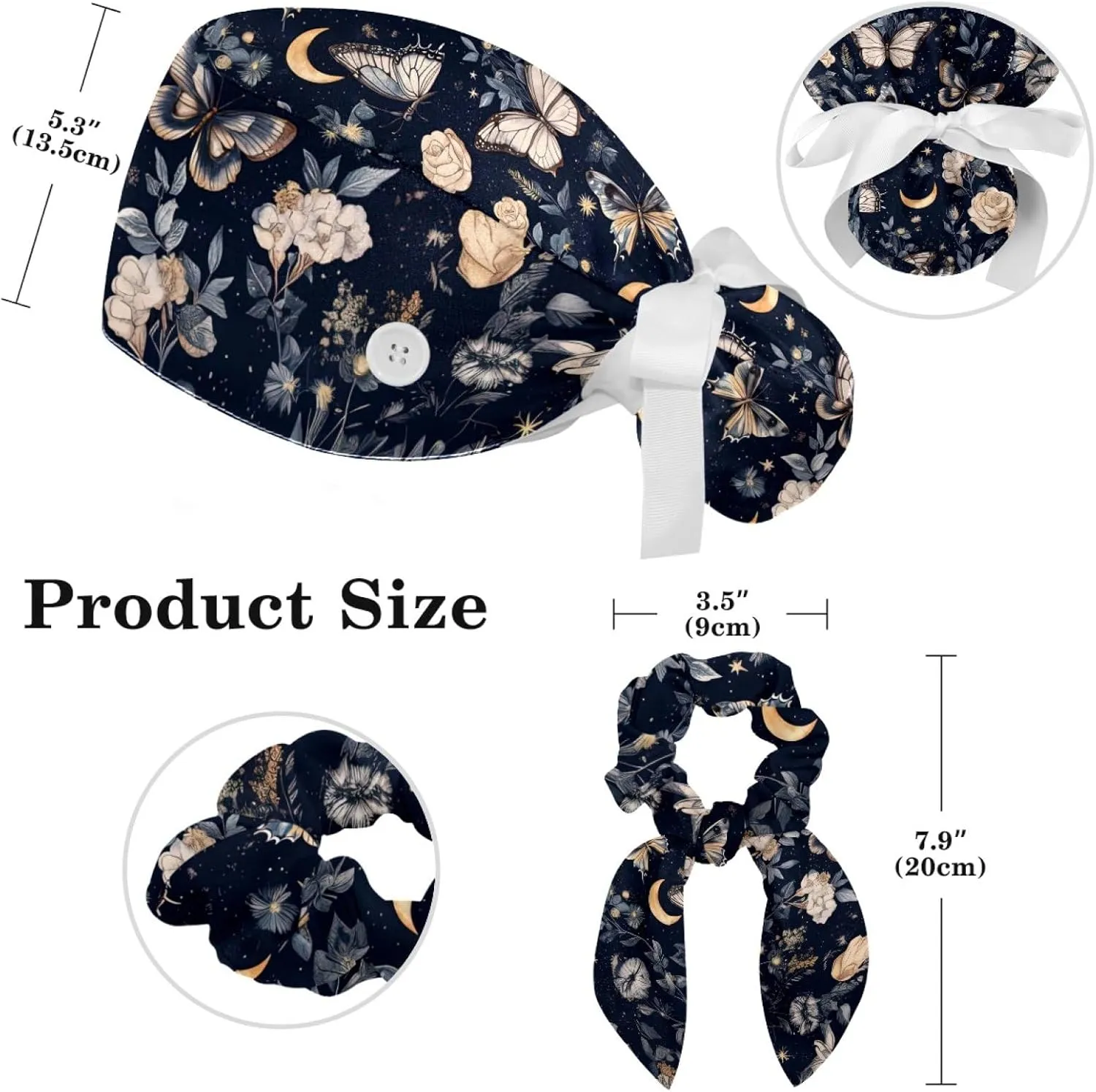 Scrub Caps Women, Adjustable Surgical Caps with Ponytail Pouch Working Cap Hair Scrunchy, Floral Vintage Butterfly Wildflower