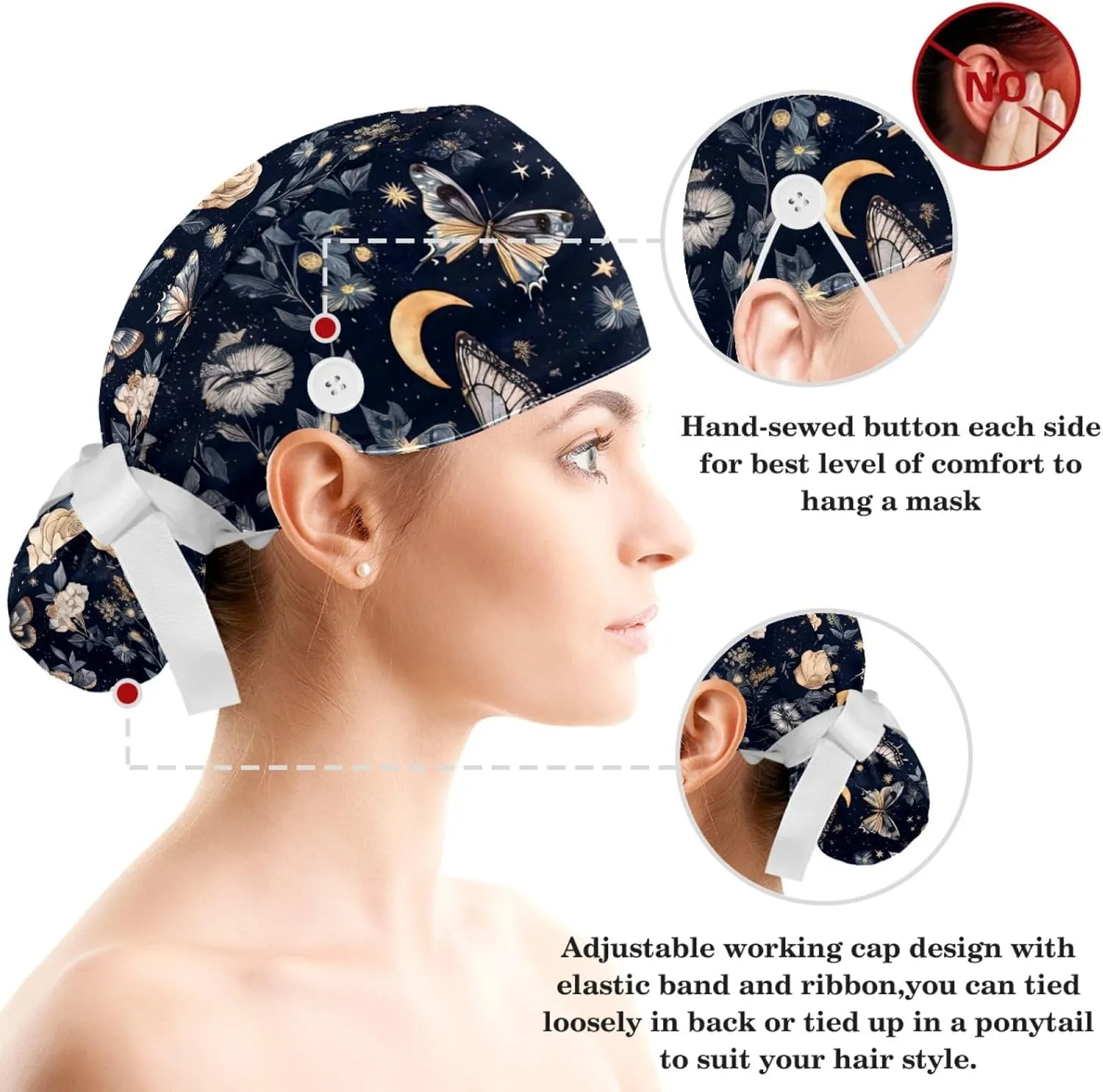 Scrub Caps Women, Adjustable Surgical Caps with Ponytail Pouch Working Cap Hair Scrunchy, Floral Vintage Butterfly Wildflower