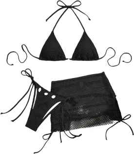 SISKIN Swim Vcay 3pcs/Set Women's Summer Vacation Beach Solid Color Texture Swimwear Bikini Set