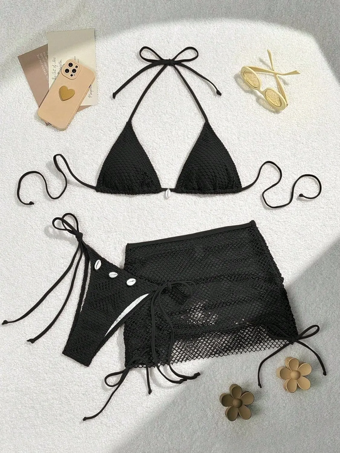SISKIN Swim Vcay 3pcs/Set Women's Summer Vacation Beach Solid Color Texture Swimwear Bikini Set