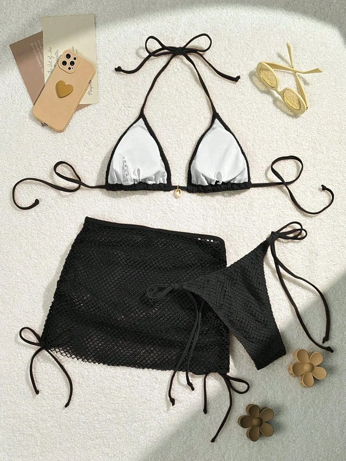 SISKIN Swim Vcay 3pcs/Set Women's Summer Vacation Beach Solid Color Texture Swimwear Bikini Set