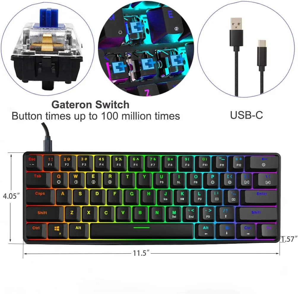 SKYLOONG 60% Mechanical Keyboard,Full Keys Programmable,RGB Portable Small Compact Waterproof Gaming Keyboard 61 Keys Gateron Blue Switchs Hot Swappable Keyboard for PC Mac Laptop Computer