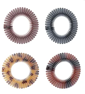 Sowaka 4 Pcs Circular Stretch Comb Plastic Black Brown Circle Spring Headband Flexible Hair Wrap Holder Hair Comb for Women Girls Outgoing Sports Hair Accessories (Round - Multi Color)