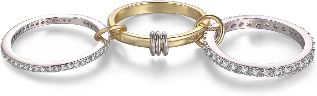 Stackable Rings for Women Gold Non Tarnish, 18k Gold Plated 3 Rings Set with CZ Cubic Zirconia Band, Silver and Gold Rings Set for Women Dainty Bands