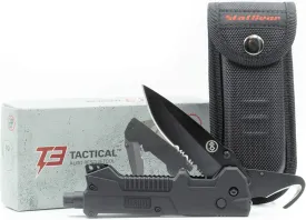 StatGear T3 Tactical Auto Rescue Tool - Folding Rescue Knife, Glass Window Breaker, Seatbelt Cutter, Molded Grips, LED Light, Sheath