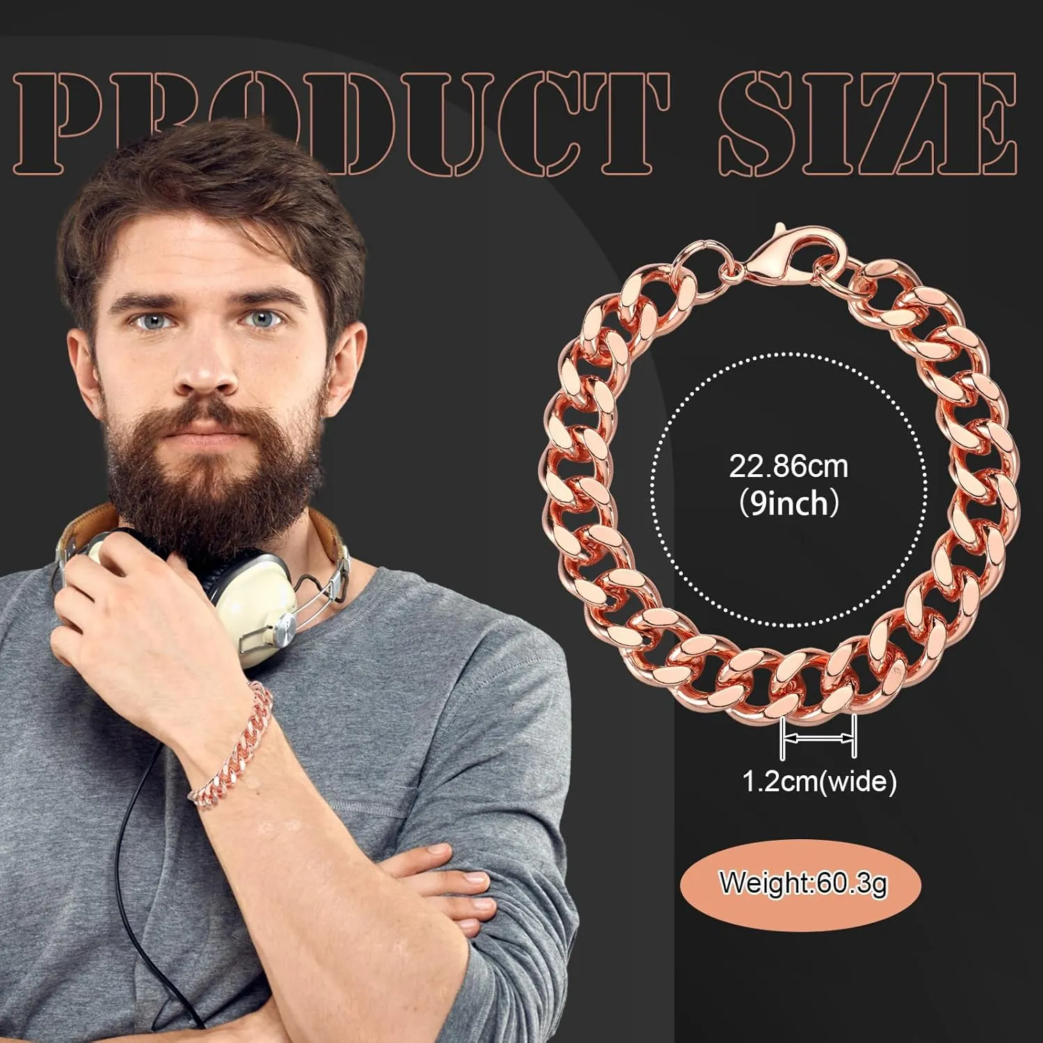Tondiamo Copper Bracelet for Men Valentine's Day Jewelry Gift 1 Unit Men's 7.5 Inch Solid Copper Link Pure Bracelets for Women Health Jewelry Gift