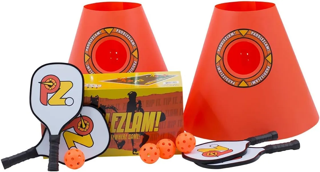 Ultimate Pickleball Paddle Game Bundles Perfect for Beach Backyard Gymnasium or Camping - 2 Gaming Cones - 4 Paddles - 4 Pickle Balls with 1 Carry Bag and Scoring Stickers