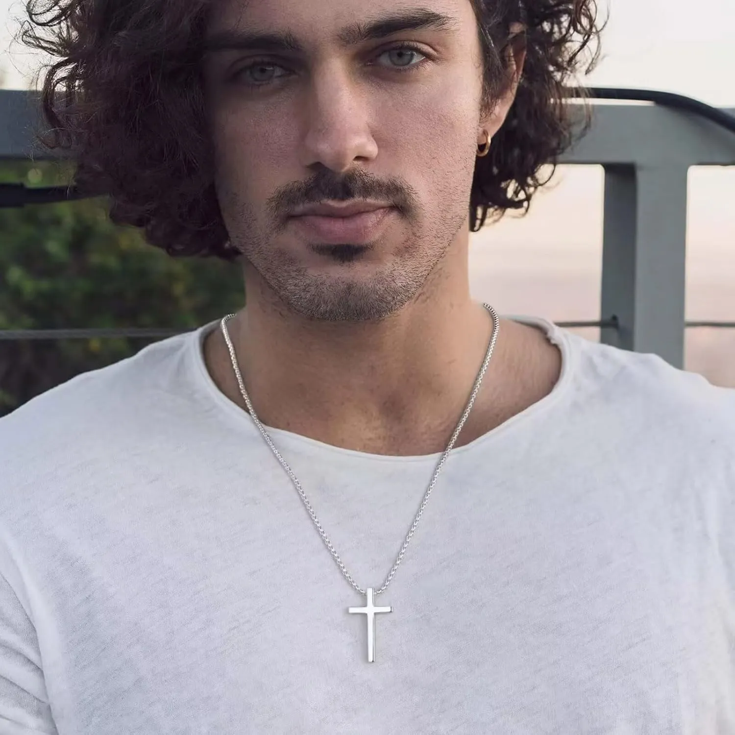 Ursteel 925 Sterling Silver Cross Necklace for Men Women - 18K White Gold Plated Stainless Steel Diamond Cut Silver Chain Cross Jewelry 16-24 Inches