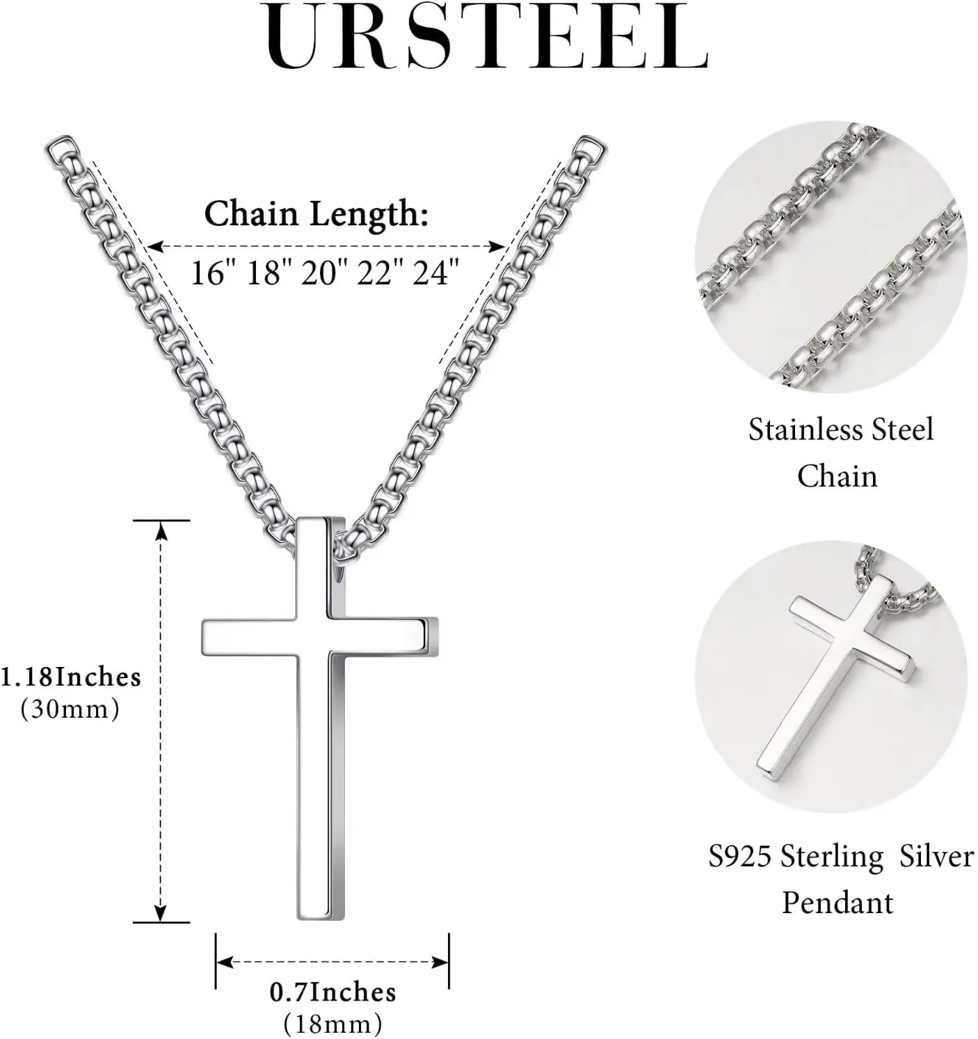 Ursteel 925 Sterling Silver Cross Necklace for Men Women - 18K White Gold Plated Stainless Steel Diamond Cut Silver Chain Cross Jewelry 16-24 Inches