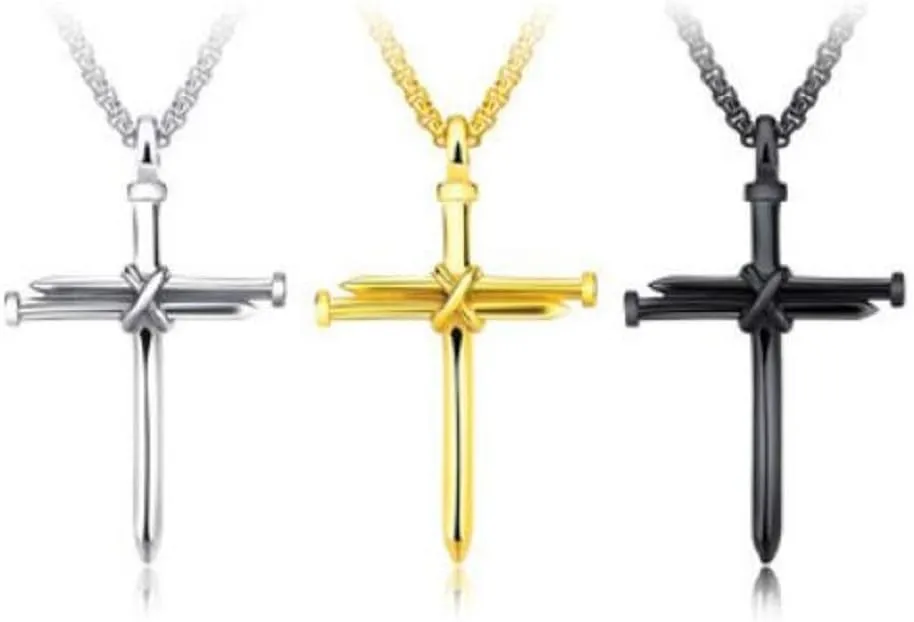 Vintage Nail Cross Charm Pendant Necklace, Men's Christian Chain Jewelry Polished
