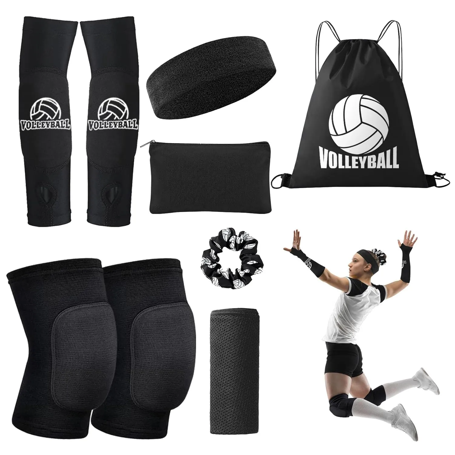 Volleyball Knee Pads Volleyball Arm Sleeves, UMACWIN Volleyball Accessories Set with Knee Pads Arm Pads Sweatband Scrunchie Makeup Bag Cooling Towel and Drawstring Bag for Women Girls Youth