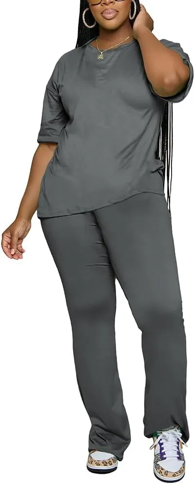 Women 2 Piece Outfits Short Sleeve Top and Flare Pants Lounge Sets Tracksuit