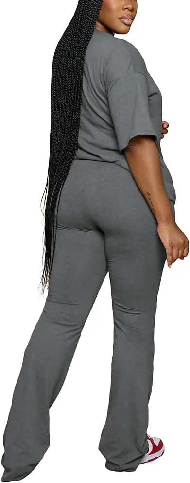 Women 2 Piece Outfits Short Sleeve Top and Flare Pants Lounge Sets Tracksuit