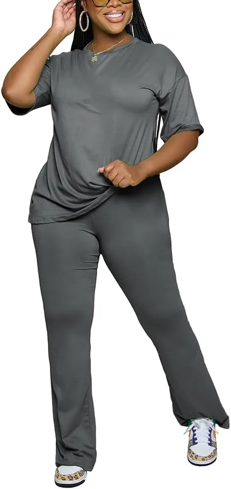 Women 2 Piece Outfits Short Sleeve Top and Flare Pants Lounge Sets Tracksuit
