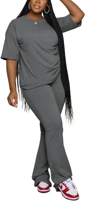 Women 2 Piece Outfits Short Sleeve Top and Flare Pants Lounge Sets Tracksuit