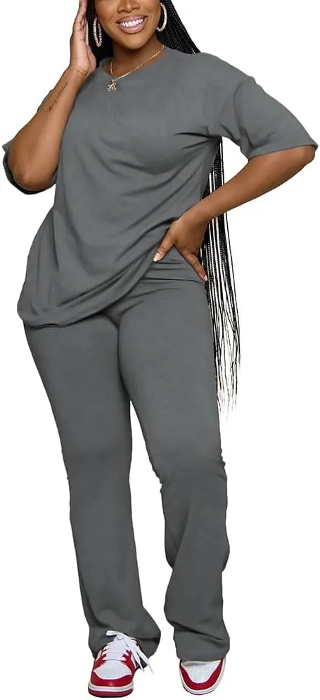 Women 2 Piece Outfits Short Sleeve Top and Flare Pants Lounge Sets Tracksuit