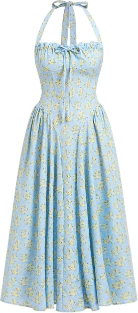 Women Floral Corset Dress Summer Dresses Boho Flowy Adjustable Halter Neck Lace Up Midi Dresses A Line Casual Sundress