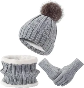 Women Winter Hat Gloves Scarf Set Beanie Warm Fleece Scarves Touchscreen Glove 3 in 1