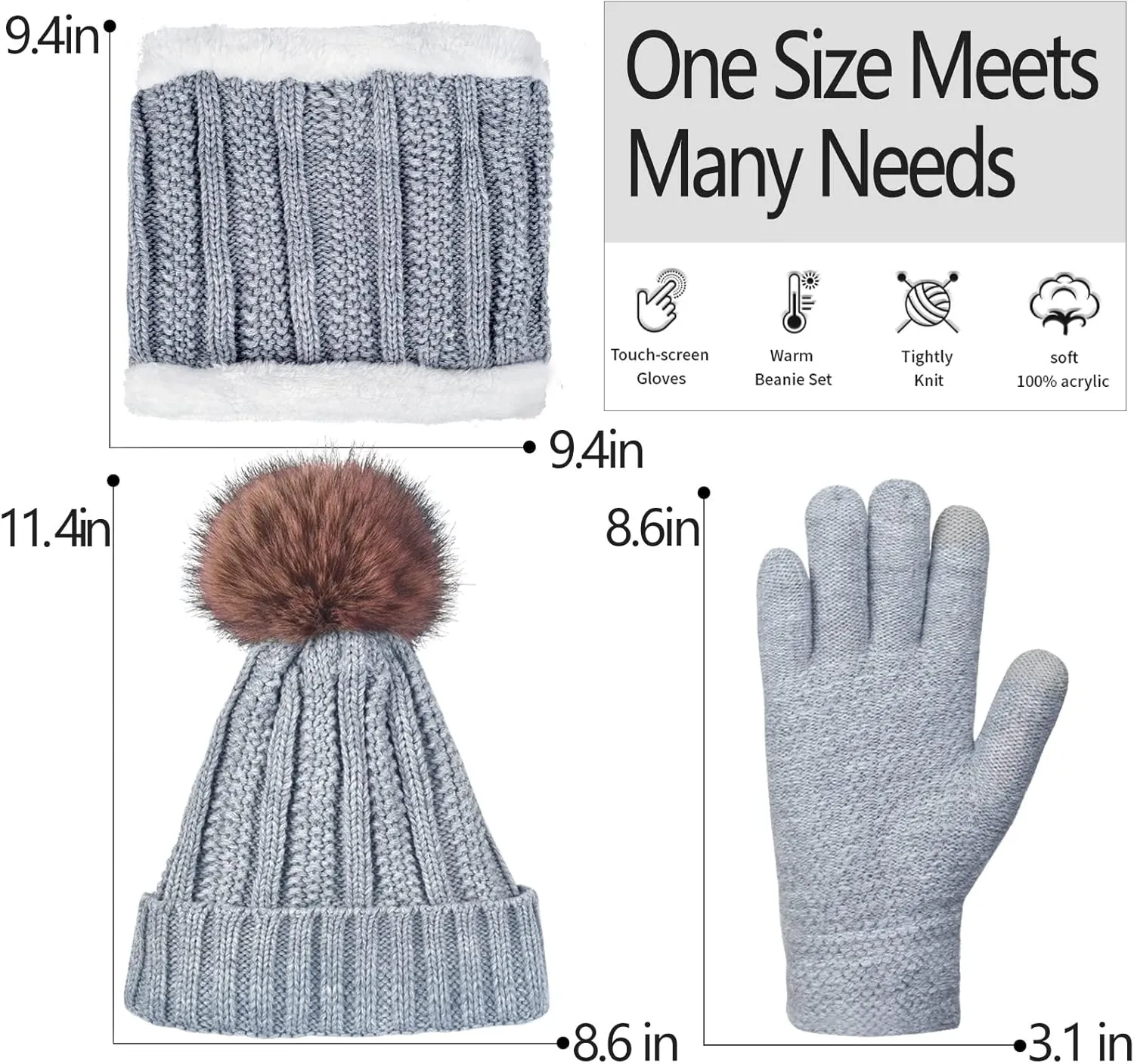 Women Winter Hat Gloves Scarf Set Beanie Warm Fleece Scarves Touchscreen Glove 3 in 1