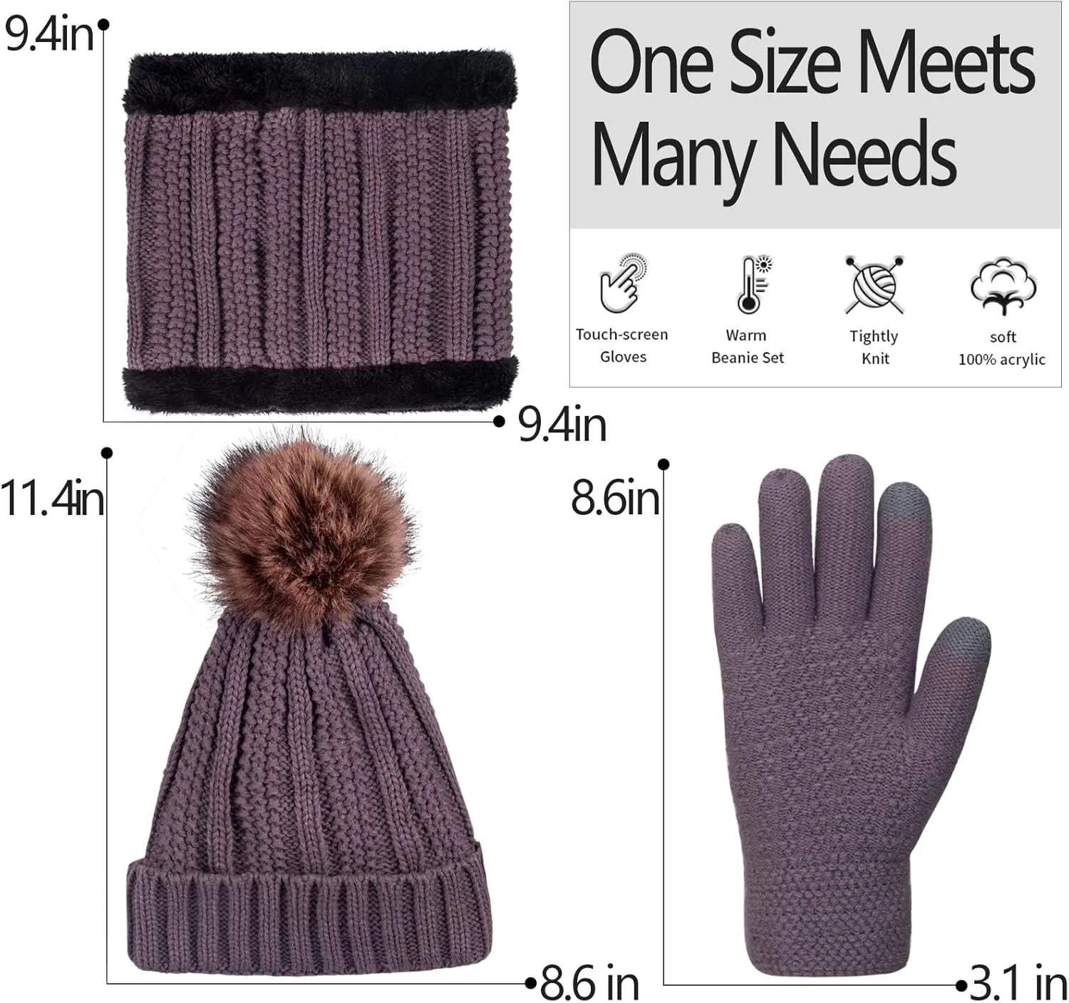 Women Winter Hat Gloves Scarf Set Beanie Warm Fleece Scarves Touchscreen Glove 3 in 1