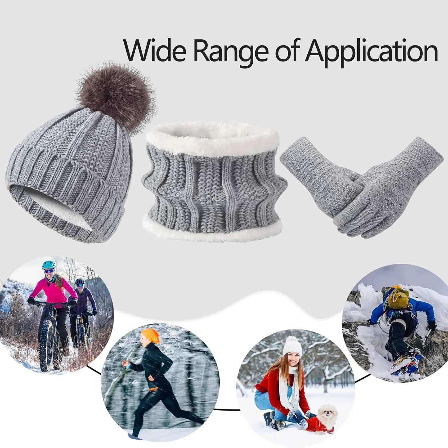 Women Winter Hat Gloves Scarf Set Beanie Warm Fleece Scarves Touchscreen Glove 3 in 1