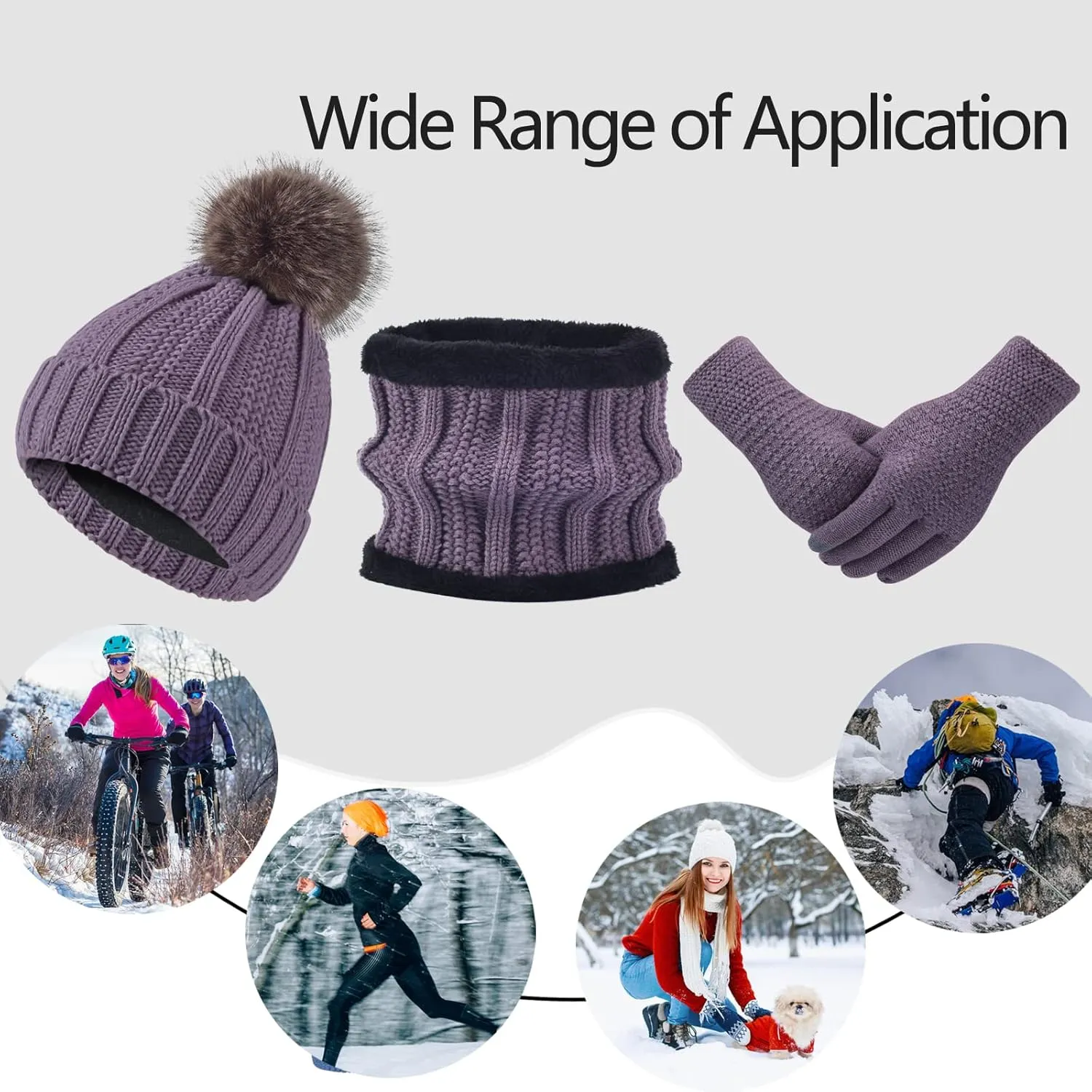 Women Winter Hat Gloves Scarf Set Beanie Warm Fleece Scarves Touchscreen Glove 3 in 1