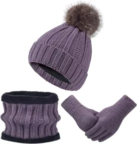 Women Winter Hat Gloves Scarf Set Beanie Warm Fleece Scarves Touchscreen Glove 3 in 1