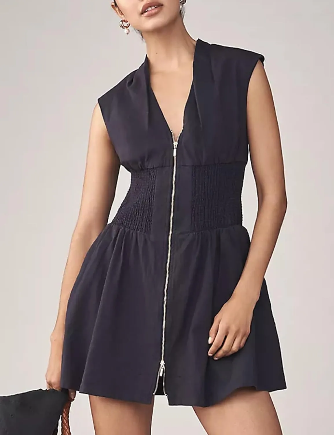 Womens V Neck Summer Dress Cap Sleeve Zipper Mini Dress Smocked Slit Dress with Pockets
