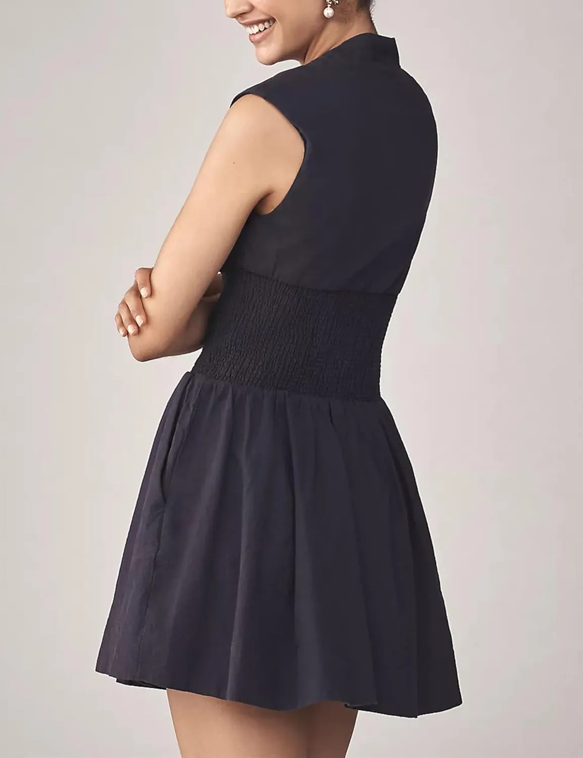Womens V Neck Summer Dress Cap Sleeve Zipper Mini Dress Smocked Slit Dress with Pockets